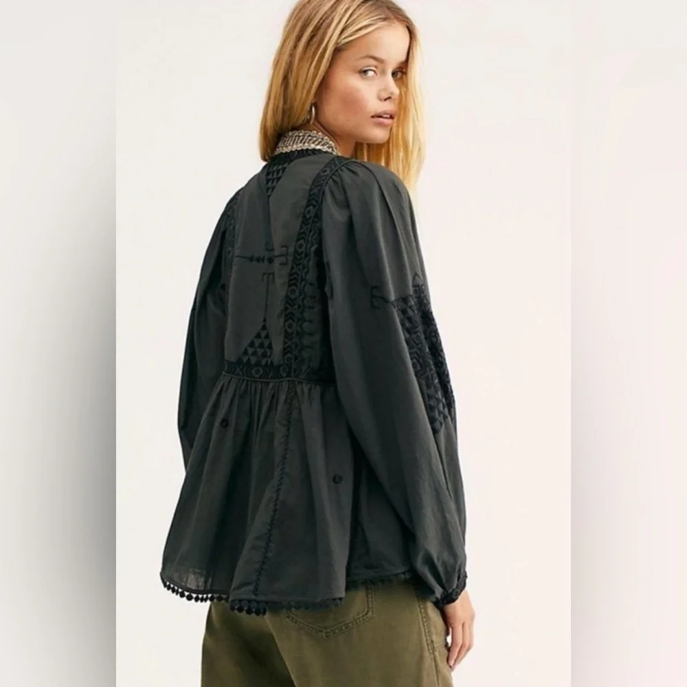 Free People Jasmine Black Embroidered jacket SZ XL - Picture 3 of 8